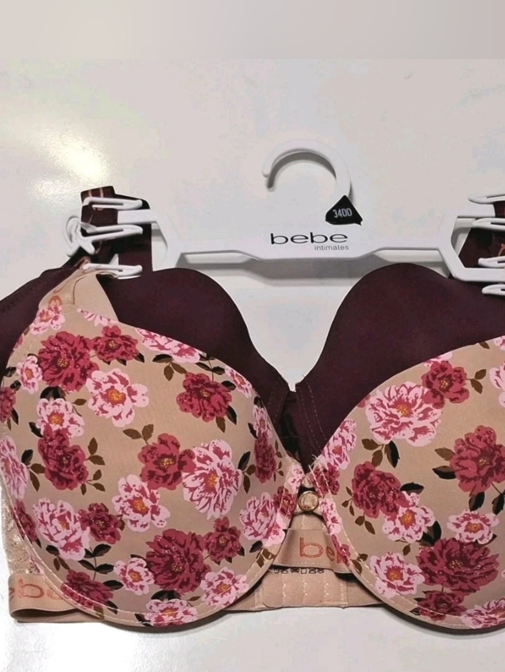 NWT Bebe Bra 34DD Pink Burgandy Floral Lace Gentle Lift 2 Pk Underwire